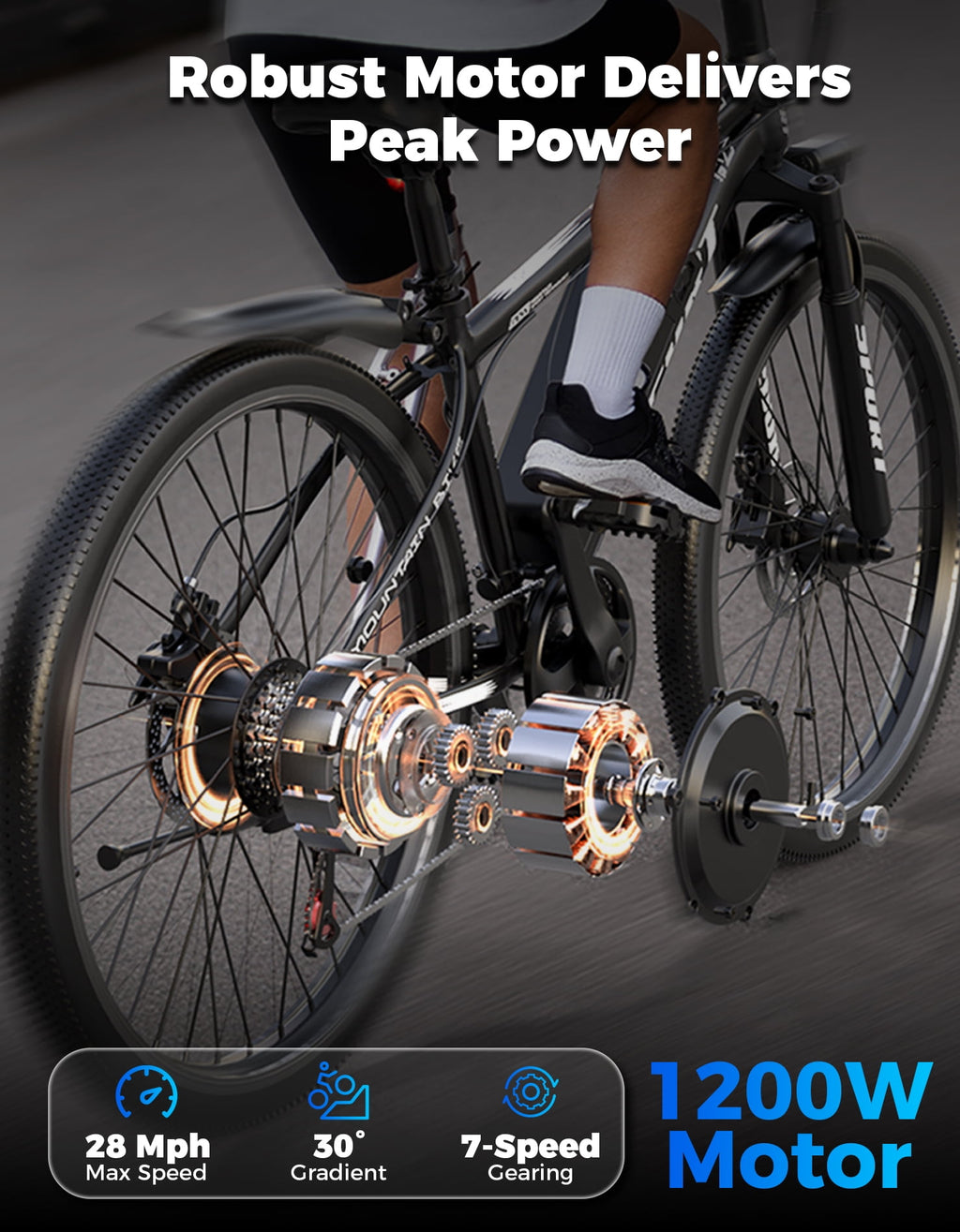 PostJoy Electric Mountain Bike 26 1200W Peak Motor, 65 Miles 28MPH Ebike, 480Wh Battery Electric Bicycle for Adults 7 Speed Electric Bicycles Front Fork Suspension Electric Bikes
