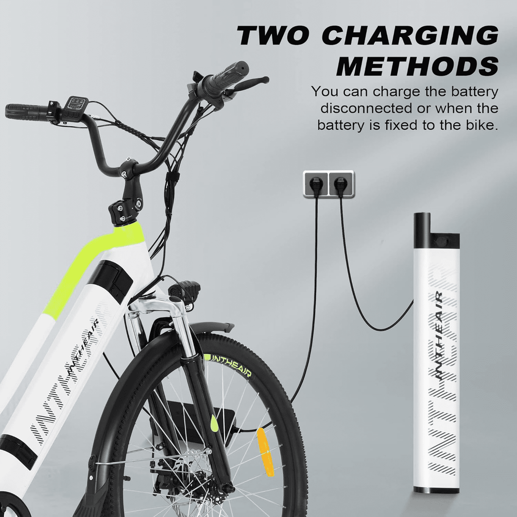 INTHEAIR Adult Electric Commuting Bicycles 500W Ebike, 26 E-bike, 36V 10Ah Removable Battery ELectric Bike for Adults UL2849，White Electric Bikes