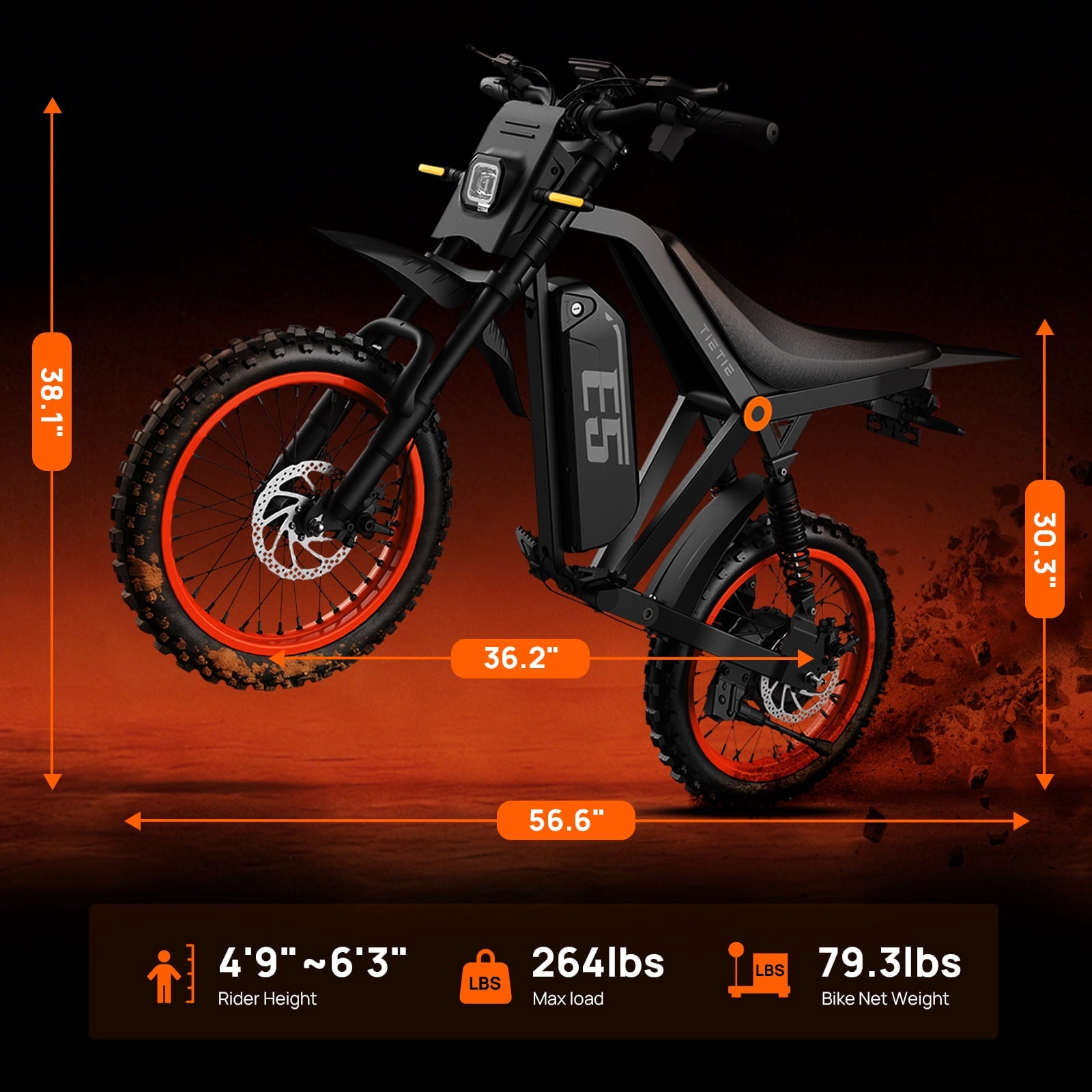 TieTie Electric Dirt Bike for Adults & Teens, 1500W Peak Motor, 32MPH 48V 20Ah Battery, Off-Road Fat Tire Electric Motorcycle, UL2849 Electric Bikes
