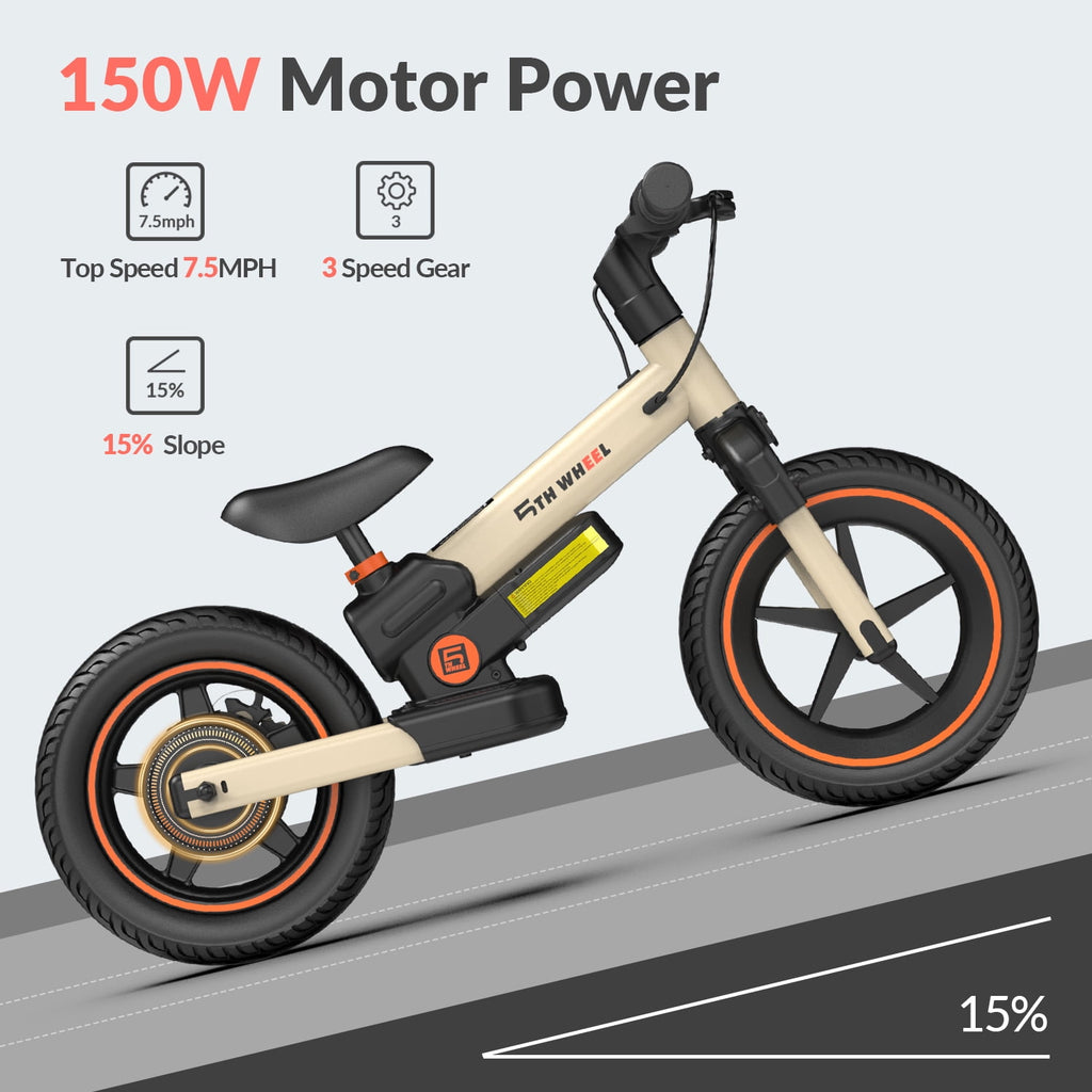 5TH WHEEL DP-T12 / KB09 Electric Bike for Kids, 150W Electric Balance Bike Ages 3-8 Years Old, 12 Pneumatic Tire with Dual Brake, 3 Speed Modes Kid Electric Motorcycle,Yellow Electric Bikes
