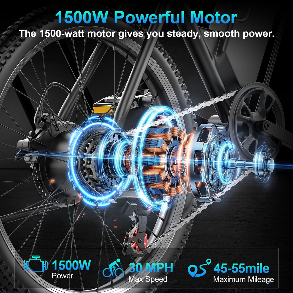 F26-1500W Off-Road Electric Bike, 26 Tire 55 Miles Electric Bike ,48V 10.5 Internal Battery (Removable), Top Speed 30MPH, Electric Mountain Bike Beach Bike, Professional 7 Speed UL2849 Electric Bikes