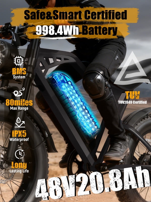 ESKUTE V200 Electric Bike for Adults, Dirt E-Bike 29MPH 48V20.8Ah Battery 80 Miles,20x4.0 Fat Tire, NFC Unlock, 7-Speed Dual Suspension, Black with Rear Rack & Footrests, UL2849 Electric Bikes