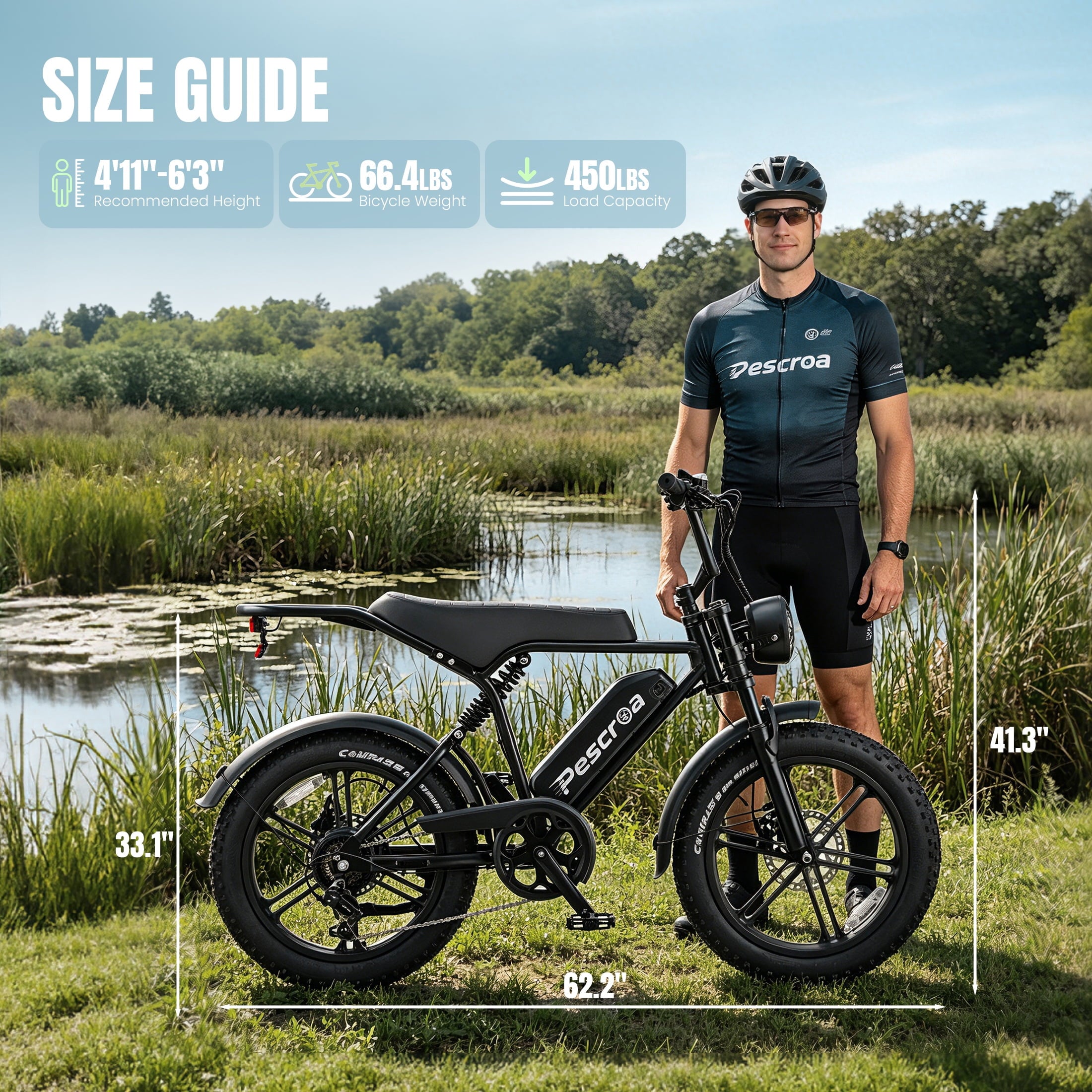 Pescroa Electric Bike for Adults, 1500W Peak Motor E Bike with 48V 15Ah Removable Battery, E-Bike with 7 Speeds, Ebikes with 28MPH Max Speed, Adult Electric Bicycles with 70-100 Miles Max Range Electric Bikes