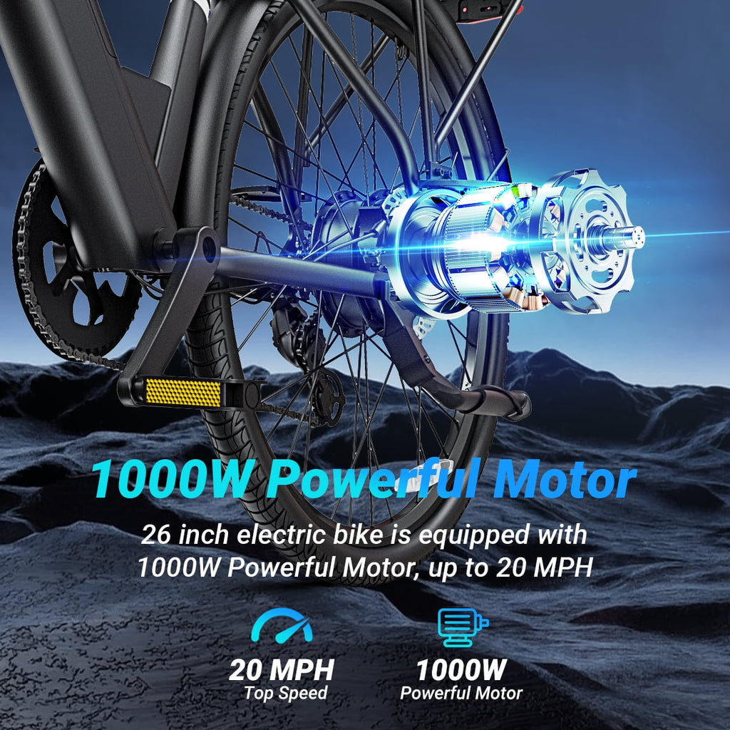 DYU C7L Electric Bike for Adults, 26 Peak 1000W Motor Ebike, 48V 10.4Ah Removable Battery, 45 Miles Max 20MPH, 7 Speed Electric Bicycle UL2849 Electric Bikes