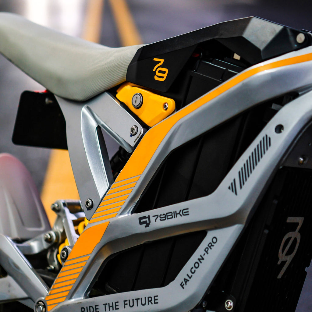 79BIKE Falcon Pro 5000W Electric Dirt Bike for Adults, Off-Road Ebike for Adults with 72V 35AH Battery & All-Terrain 19 Tire 56MPH Silver Yellow Electric Bikes
