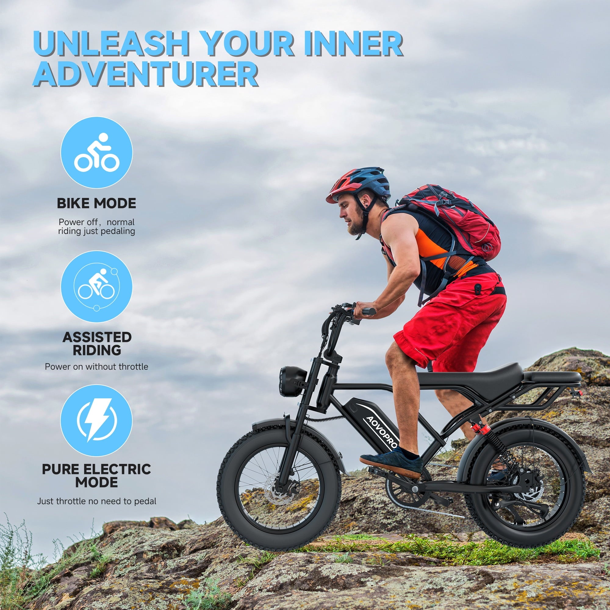 AOVOPRO AP20 Electric Bike for Adults 20 X 4.0 Fat Tire, 750W Off-Road E Bike, E-Mountain Bike 48V 18AH UL2849 Electric Bikes