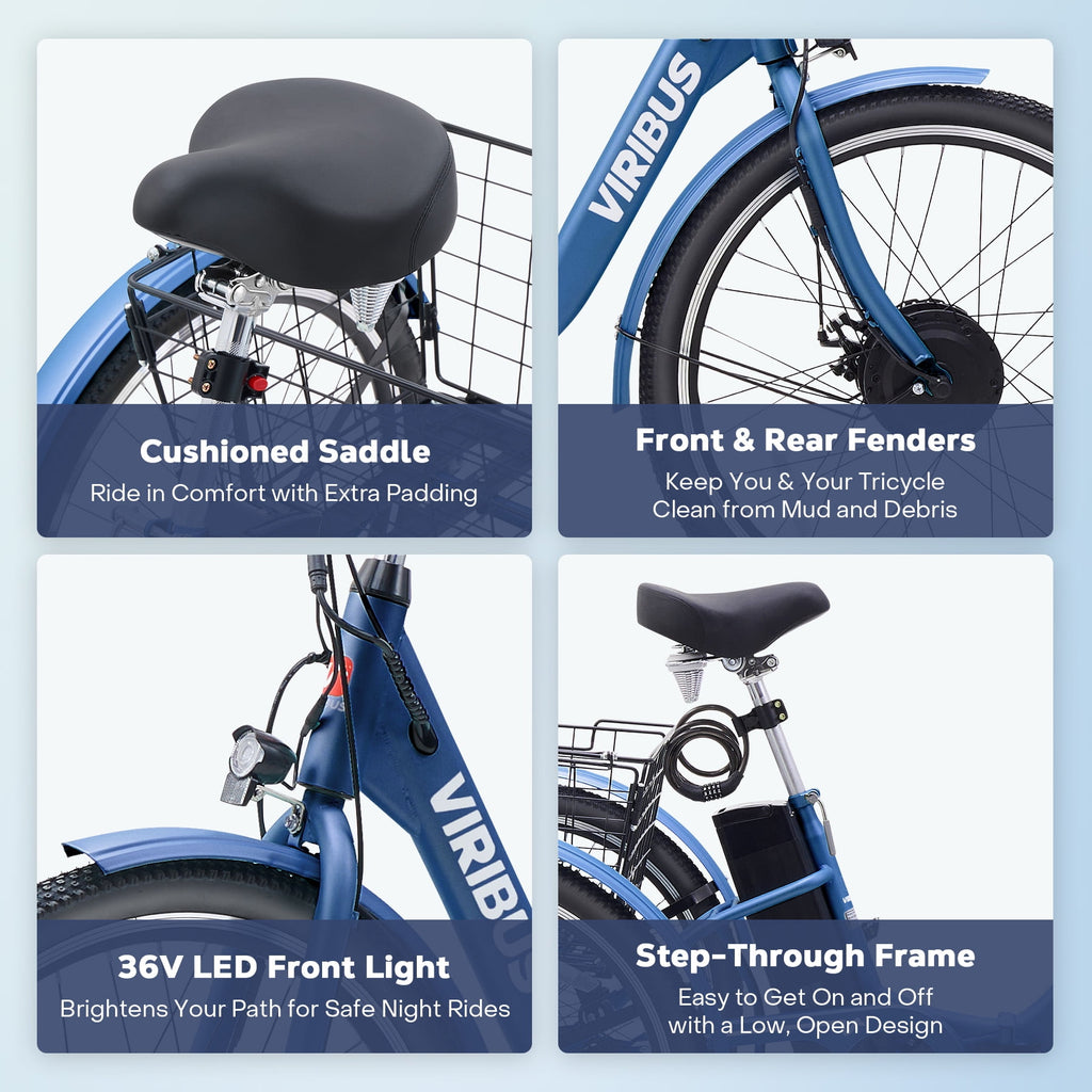 24 7-Speed Folding Electric Tricycle with 350W Motor 36V 13Ah Battery Blue Electric Bikes